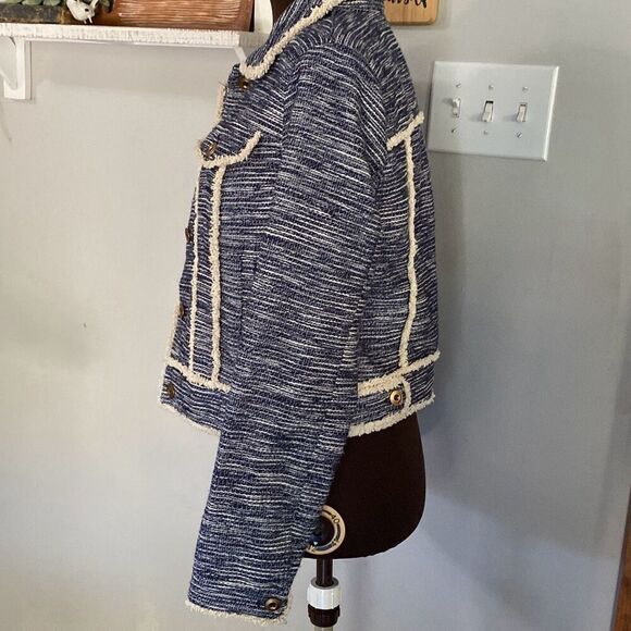 Catherine Malindrino tweed blazer jacket women’s size medium navy blue cream but - Picture 5 of 13